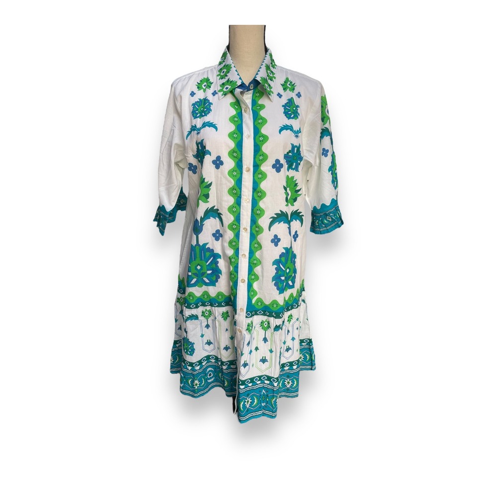Isla Payal‎ Women's XL Lisbon Mini Dress Blue Green Floral Medallion Resortwear